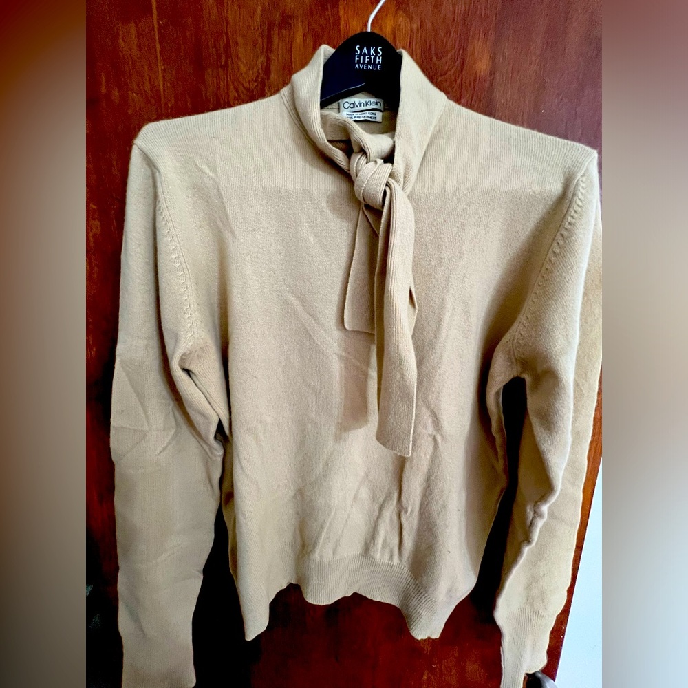 Calvin Klein cashmere sweater with tie.  Pale Buttercream.